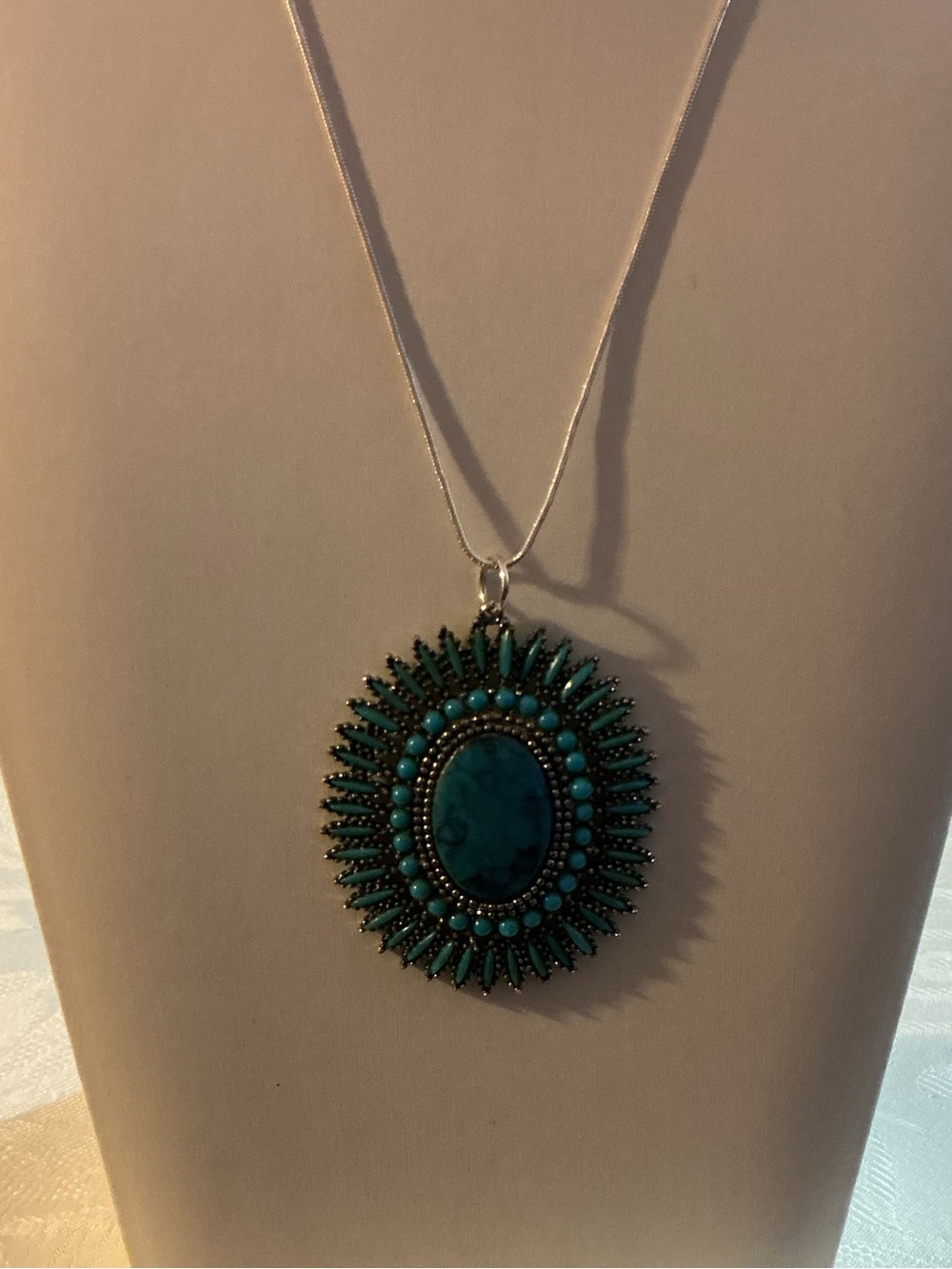 Faux Turquoise Sunburst Antique Burnished Silver Tone Pendant Necklace